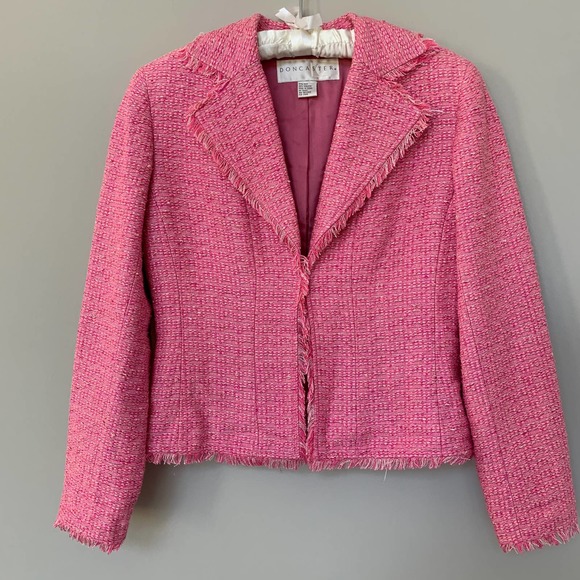 Doncaster Jackets & Blazers - Doncaster pink tweed silk blend blazer fringe trim fully lined shoulder pads 4